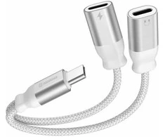 SWISSTEN TEXTILE Įkrovimo garso adapteris USB-C (M) - 2x USB-C (F) 0,12 m baltas