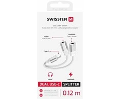 SWISSTEN TEXTILE Įkrovimo garso adapteris USB-C (M) - USB-C (F) - 3,5 mm lizdas, 0,12 m baltas