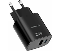 Swissten Travel Charger Edge GaN USB-A 18W / USB-C 25W juodas