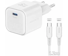 SWISSTEN Tinklo adapteris GaN USB-C + duomenų kabelis USB-C - USB-C 20W 1,2 m baltas