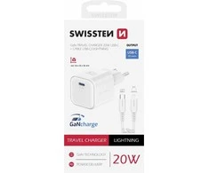 „Swissten“ kelioninis įkroviklis GaN USB-C 20 W PD + duomenų kabelis USB-C – „Lightning“ 1,2 m