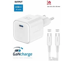 SWISSTEN Tinklo adapteris GaN USB-C + duomenų kabelis USB-C - USB-C 20W 1,2 m baltas