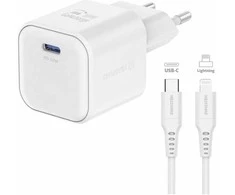 „Swissten“ kelioninis įkroviklis GaN USB-C 20 W PD + duomenų kabelis USB-C – „Lightning“ 1,2 m
