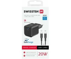 SWISSTEN Síťový adaptér GaN USB-C + datový kabelis USB-C - USB-C 1.2m juoda
