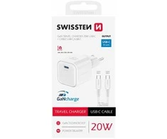 SWISSTEN Tinklo adapteris GaN USB-C + duomenų kabelis USB-C - USB-C 20W 1,2 m baltas