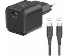 „Swissten“ kelioninis įkroviklis GaN USB-C 35 W PD + duomenų kabelis USB-C - USB-C 1,2 m