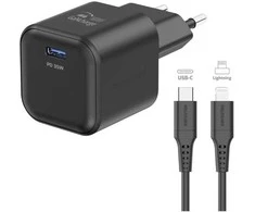 „Swissten“ kelioninis įkroviklis GaN USB-C 35 W PD + duomenų kabelis USB-C – „Lightning“ 1,2 m