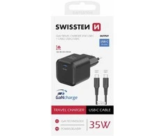 „Swissten“ kelioninis įkroviklis GaN USB-C 35 W PD + duomenų kabelis USB-C - USB-C 1,2 m