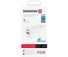 Swissten kelioninis įkroviklis GaN USB-C / PD USB-A / 18W QC / 45W