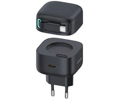 USAMS įkroviklis 1xUSB-C su ištraukiamu USB-C laidu (tik antgalis) PD+QC 35W Gan Fast Charging juodos spalvos