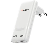 Verbatim GaN Travel Charger Fold 'n' Go 65W, 2×USB-C PD EU Plug, Baltas