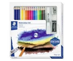 Kūrybinis rinkinys STAEDTLER 146 10C, 12 spalvotų pieštukų + 3 grafitiniai pieštukai, vandens teptukas, drožtukas