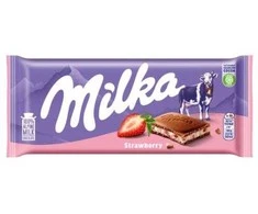 Pieninis šokoladas MILKA, iš Alpių pieno, su braškių skonio įdaru, 100 g