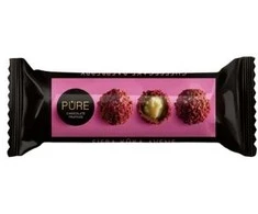 Pure Chocolate Pieniško šokolado triufeliai PURE su sūrio pyrago skonio grietinėlės įdaru ir aviečių papuošimu,32g