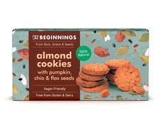 KNYGA Veganiški migdoliniai sausainiai THE BEGINNINGS, su moliūgu, chia ir linų sėklomis, 80 g