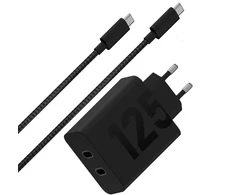 MCD-1252 Motorola TurboPower Duo 2xUSB-C 125W kelioninis įkroviklis + USB-C/USB-C Data kabelis juodos spalvos