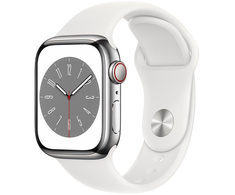 Išmanusis laikrodis „Apple Watch 8 GPS + Cellular“ 41 mm nerūdijančio plieno sportinis dirželis, sidabrinis/baltas (MNJ53EL/A)