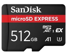 Atminties kortelė „SanDisk Express Micro SD“ 512 GB, R 880 MB/s, W 650 MB/s, ilgalaikis įrašymo greitis 210 MB/s, U3, C10