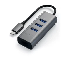 SATECHI Type-C 2-in-1 USB 3.0 aliuminio 3 prievadų šakotuvas ir Ethernet prievado erdvė pilka