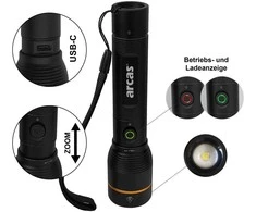 Rankinis žibintuvėlis 1000lm, 10W, įkraunamas USB-C, juodas, ARCAS