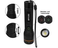 Rankinis žibintuvėlis, 2000lm, 20W, įkraunamas USB-C, juodas, ARCAS