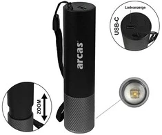 Rankinis žibintuvėlis 300lm, 3W, įkraunamas USB-C, juodas, ARCAS