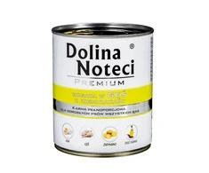 Visavertis konservuotas pašaras visų veislių suaugusiems šunims Dolina Noteci PREMIUM su žąsiena ir bulvėmis 800g