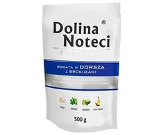 Visavertis konservuotas pašaras visų veislių suaugusiems šunims Dolina Noteci PREMIUM su menke ir brokoliais 500g