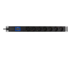 7-jungčių 19 "galios paskirstymo blokas, 3500W, CEE 7/3, skaitmeninis voltų / amperų skaitiklis DELTACO juodas / GT-8637