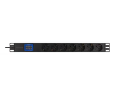 7-vietų 19" galios paskirstymo įtaisas, 2500W, CEE 7/3, skaitmeninis voltų / amperų skaitiklis DELTACO juoda / GT-8638