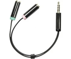 Adapteris DELTACO 3.5mm 4pin M - 2x3.5mm 3pin F, 0.1m, juodas lankstus / AUD-201