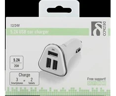 Auto įkroviklis DELTACO 5,2A, 3xUSB, baltas/sidabrinis / USB-CAR102