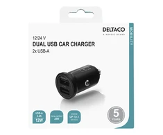 Automobilinis įkroviklis DELTACO 12/24 V USB su dviem USB-A jungtimis, 24 W, juodas USB-CAR127