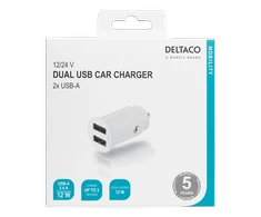 DELTACO 12/24 V USB įkroviklis su dvigubomis USB-A jungtimis, 2,4 A, 12 W, baltas USB-CAR125