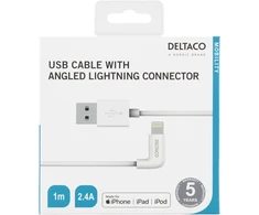 DELTACO Lighting kabelis, USB-A/ kampinė Lighting jungtis, 2,4A, 1m, MFi, Baltos spalvos / IPLH-176