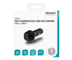 DELTACO USB automobilinis įkroviklis, 1x USB-C, PD 18 W, 1x USB-A, 18 W, iš viso 36 W USBC-CAR120