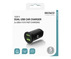 DELTACO USB automobilinis įkroviklis, 2x USB-A 18 W, greitas įkrovimas, viso 36 W juodas USB-CAR128