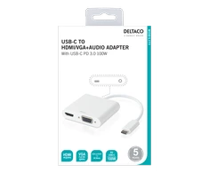DELTACO USB-C Adapteris, HDMI / VGA / Audio / USB-C, 100W USB-C PD 3.0, baltas/ USBC-HDMI16