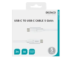 DELTACO USB-C - USB-C laidas, 5Gbit / s, 5A, 2M, baltas / USBC-1504M