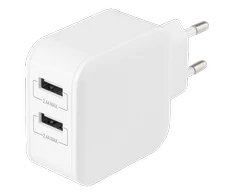 DELTACO USB sieninis įkroviklis, 2x USB-A 2,4 A, iš viso 24 W, baltas USB-AC175