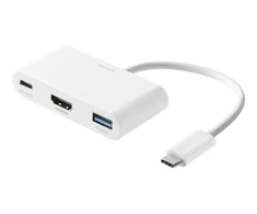 Jungčių stotelė DELTACO USB-C to HDMI and USB-A, USB-C portas energijos perdavimui 3.0, 3840x2160 30 Hz, balta / USBC-HDMI23