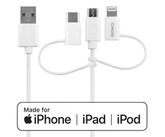 Kabelis DELTACO USB-C / Micro USB / Lightning į USB-A, 1m, Apple C189 chipsetm FSC ženklinta pakuotė, baltas / IPLH-441