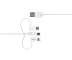 Kabelis DELTACO USB-C / Micro USB / Lightning į USB-A, 1m, Apple C189 chipsetm FSC ženklinta pakuotė, baltas / IPLH-441