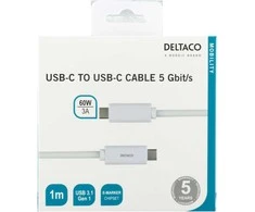 Kabelis DELTACO USB-C į USB-C, 1m, USB 3.1 Gen, E-Marker, 3A, baltas / USBC-1059M