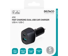 USB automobilinis kroviklis DELTACO 1x USB-A 18 W, 1x USB-C PD 45 W, viso 63 W / USBC-CAR123