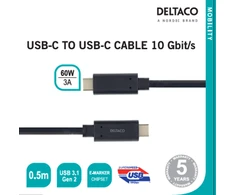 USB-C į USB-C laidas 10 Gbit/s 0.5m, 60W, 3A DELTACO juodas / USBC-1121M