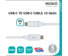 USB-C į USB-C laidas 10 Gbit/s 0,5m, 60W, 3A DELTACO baltas / USBC-1126M