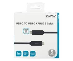 USB-C į USB-C laidas, 1m, 60W 3A, USB 3.1 Gen, E-Marker DELTACO juodas / USBC-1054M
