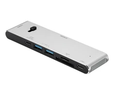 USB-C jungčių stotelė DELTACO USB-C į HDMI/DisplayPort/USB-A/USB-C/atminties kortelės skaitytuvas, 3840x2160, PD 100W, pilka / USBC-HDMI21