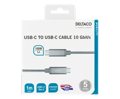 USB-C kabelis DELTACO 1m, SuperSpeed , pintas, USB 3.1 Gen 2, 10 Gbps, 100W, sidabrinė / USBC-1417M